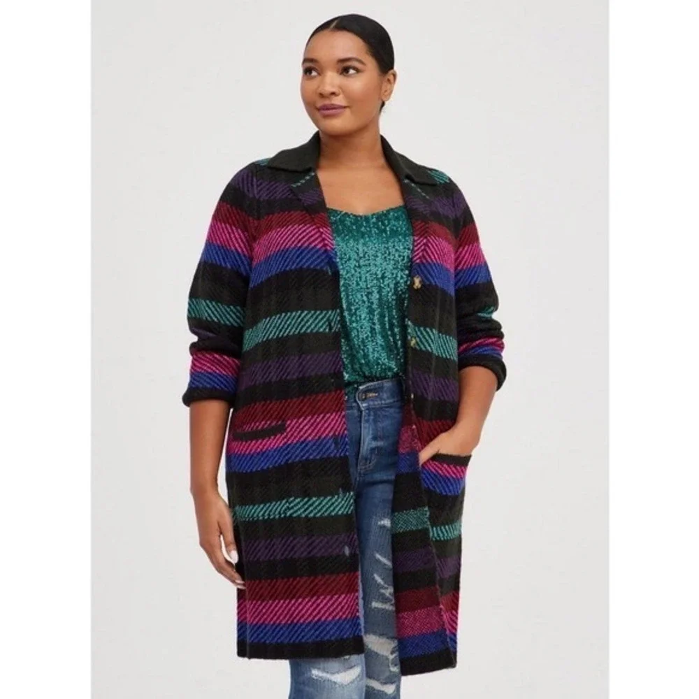 Torrid Striped Cardigan Sweater Coat Women Size 2 Multi Color Pockets X2